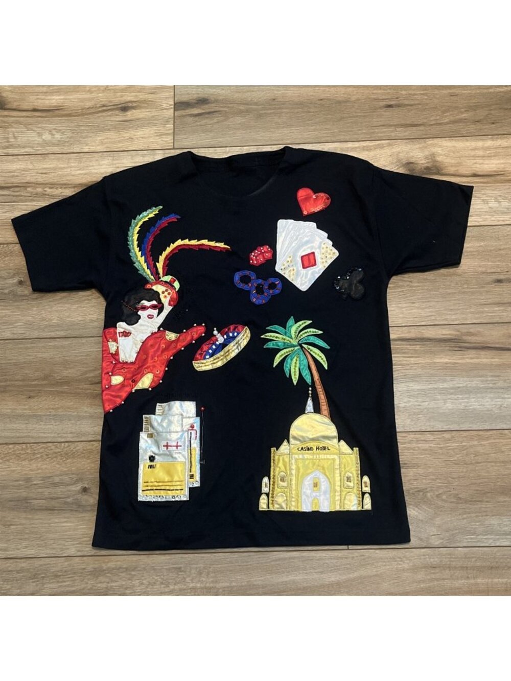 Vintage Casino Embroidered T Shirt SZ Large Gambling Beaded Sequin Black Tee y2k